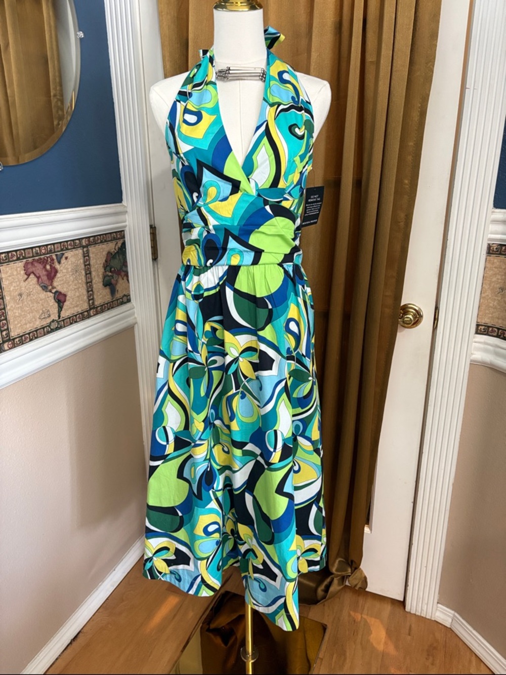 Boston Proper Halter Midi Dress in Blue, Green & Yellow Abstract Print